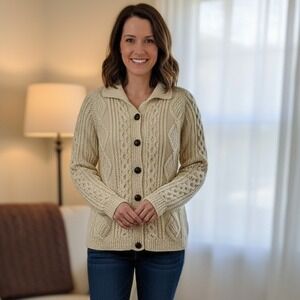 Blarney Handknitted Ireland 100% Wool Cable Cardigan Sweater Ivory Fisherman S